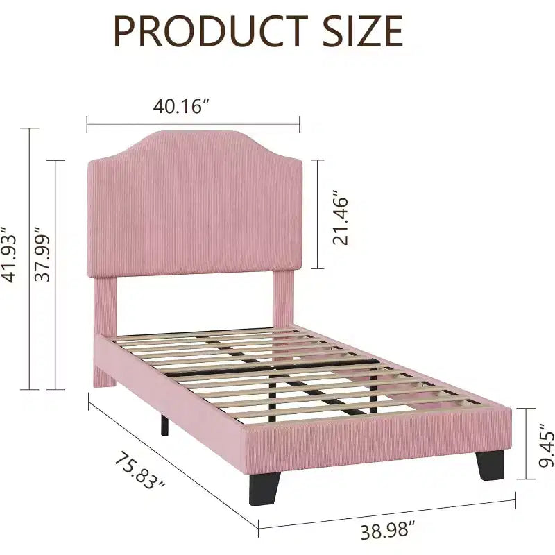 Struttura letto in velluto per letto singolo, testiera regolabile, piattaforma imbottita in morbido velluto a coste, doghe in legno resistenti, silenzioso, non necessita di rete a molle, rosa