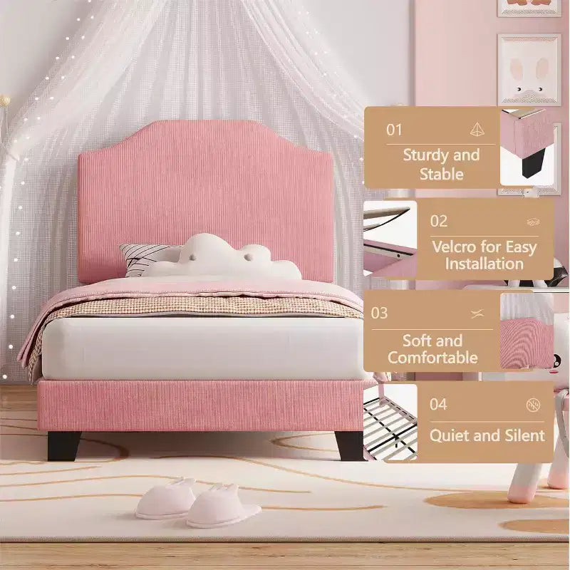 Struttura letto in velluto per letto singolo, testiera regolabile, piattaforma imbottita in morbido velluto a coste, doghe in legno resistenti, silenzioso, non necessita di rete a molle, rosa