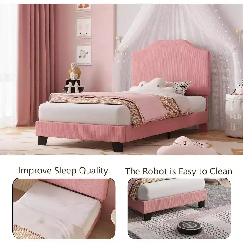 Struttura letto in velluto per letto singolo, testiera regolabile, piattaforma imbottita in morbido velluto a coste, doghe in legno resistenti, silenzioso, non necessita di rete a molle, rosa
