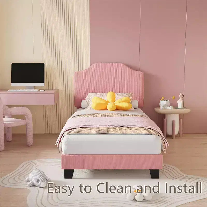 Struttura letto in velluto per letto singolo, testiera regolabile, piattaforma imbottita in morbido velluto a coste, doghe in legno resistenti, silenzioso, non necessita di rete a molle, rosa