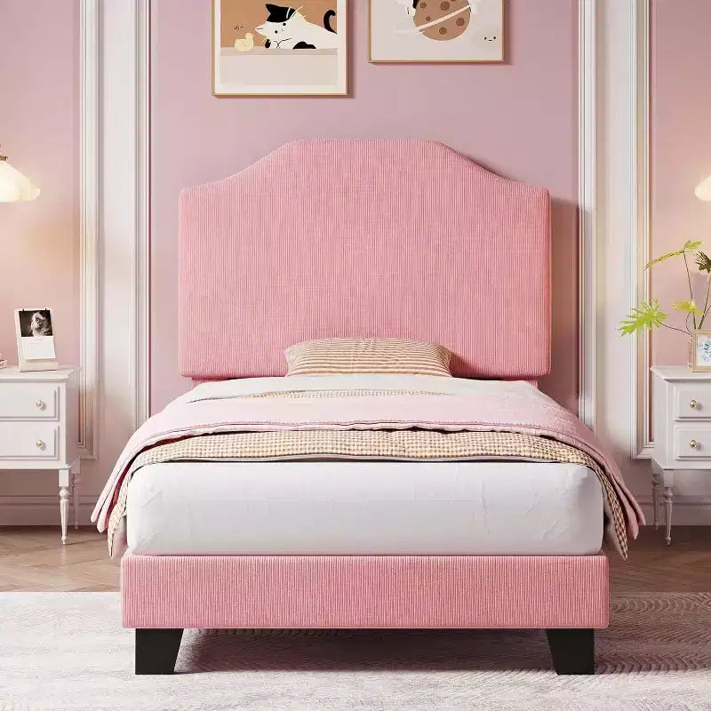 Struttura letto in velluto per letto singolo, testiera regolabile, piattaforma imbottita in morbido velluto a coste, doghe in legno resistenti, silenzioso, non necessita di rete a molle, rosa