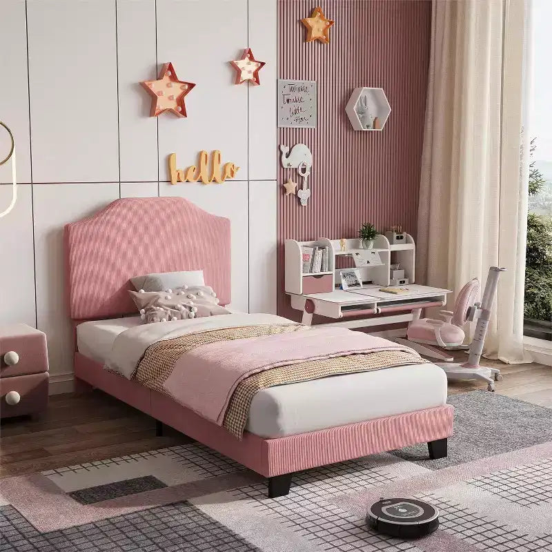 Struttura letto in velluto per letto singolo, testiera regolabile, piattaforma imbottita in morbido velluto a coste, doghe in legno resistenti, silenzioso, non necessita di rete a molle, rosa