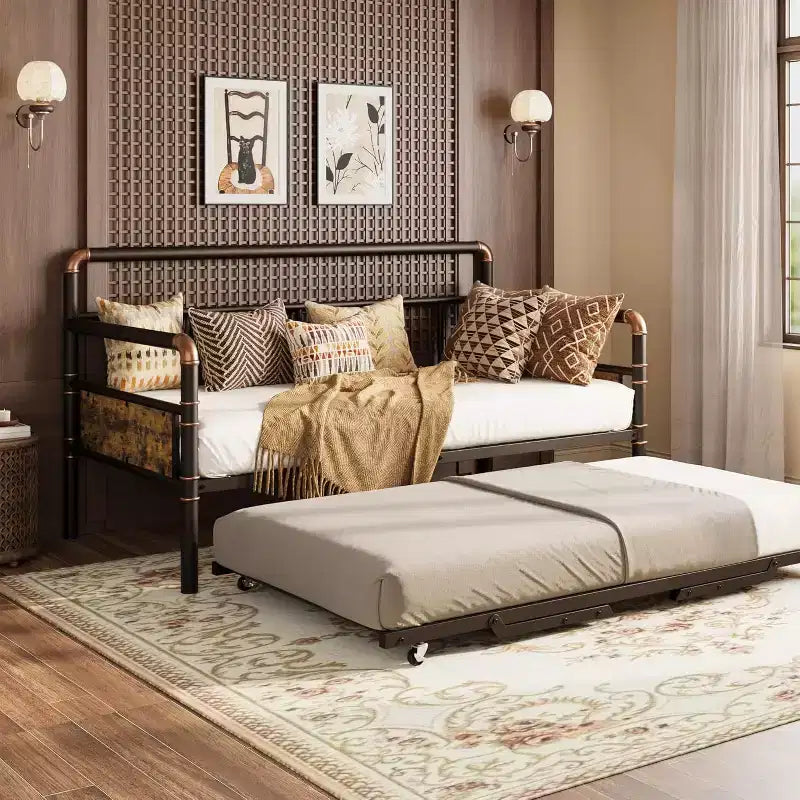 Letto a una piazza e mezza con letto estraibile a scomparsa, Struttura in metallo con supporto a doghe in acciaio, Divano letto per bambini/ragazzi/adulti, Facile da montare