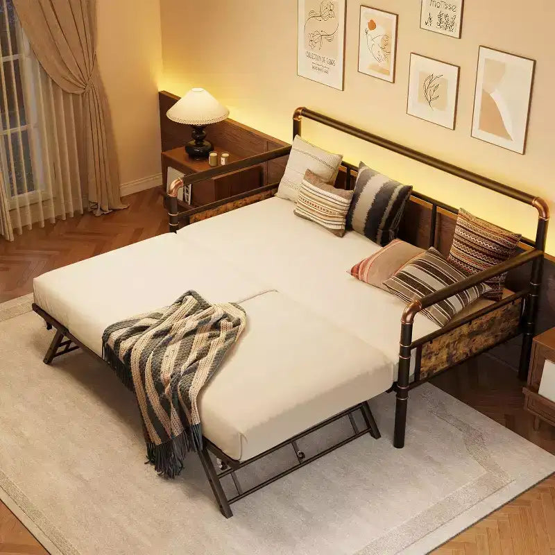 Letto a una piazza e mezza con letto estraibile a scomparsa, Struttura in metallo con supporto a doghe in acciaio, Divano letto per bambini/ragazzi/adulti, Facile da montare