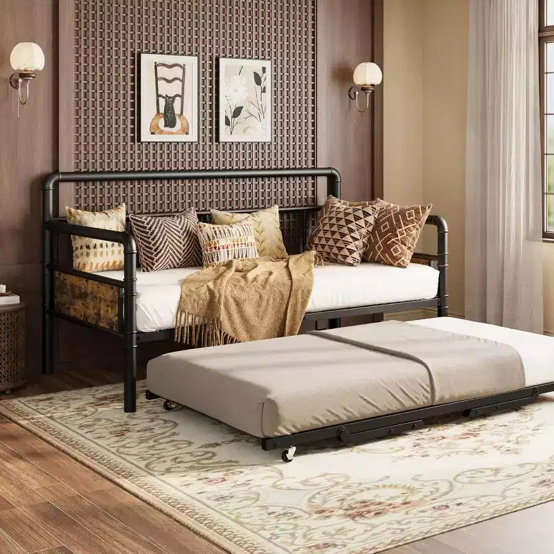 Letto a una piazza e mezza con letto estraibile a scomparsa, Struttura in metallo con supporto a doghe in acciaio, Divano letto per bambini/ragazzi/adulti, Facile da montare