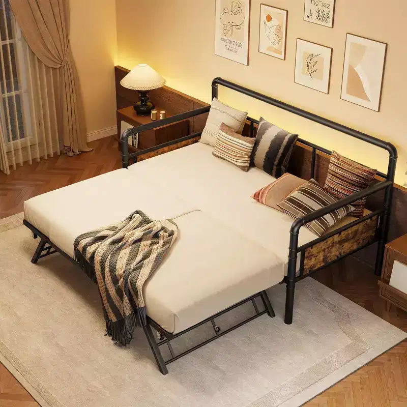 Letto a una piazza e mezza con letto estraibile a scomparsa, Struttura in metallo con supporto a doghe in acciaio, Divano letto per bambini/ragazzi/adulti, Facile da montare