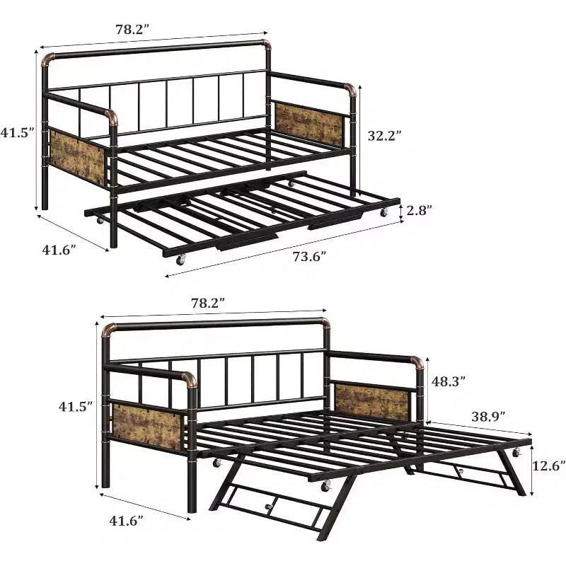 Cama Nido Individual con Trundle Elevable, Estructura de Cama de Metal con Somier de Láminas de Acero, Sofá Cama para Niños/Adolescentes/Adultos, Fácil Montaje