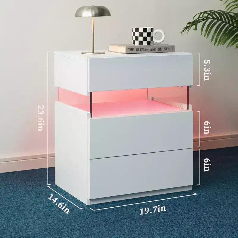 Comodino a 3 cassetti illuminato a LED per camera da letto e soggiorno