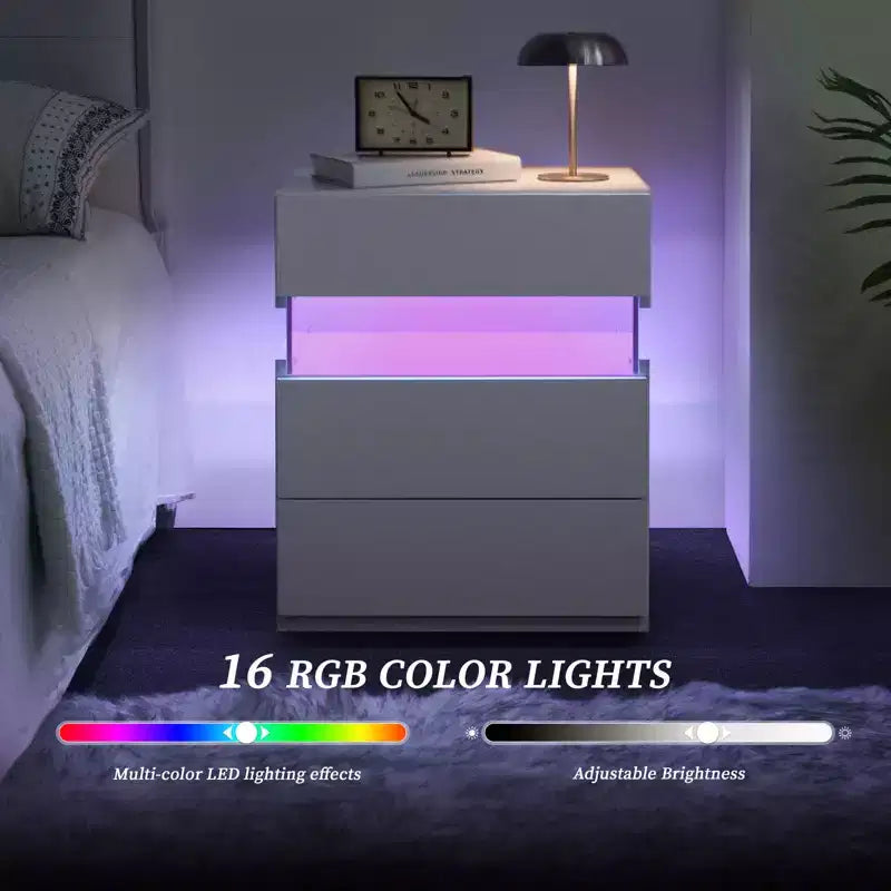 Comodino a 3 cassetti illuminato a LED per camera da letto e soggiorno