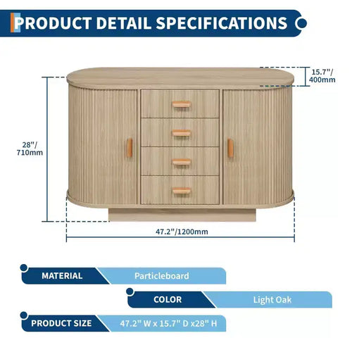 Aparador bufé acanalado de 47 pulgadas con 4 cajones y 2 puertas correderas, mueble de almacenamiento para barra de café para comedor - Roble natural