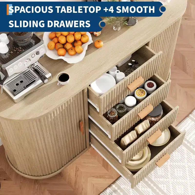 47 Mobile buffet credenza scanalata con 4 cassetti e 2 ante scorrevoli, mobile contenitore da bar per sala da pranzo - Rovere Naturale