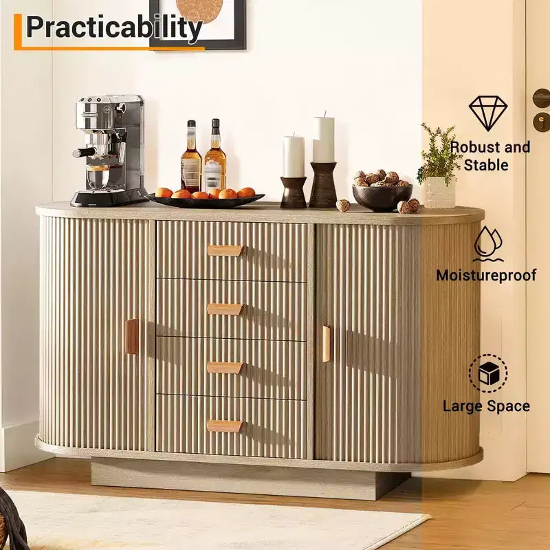 47 Mobile buffet credenza scanalata con 4 cassetti e 2 ante scorrevoli, mobile contenitore da bar per sala da pranzo - Rovere Naturale