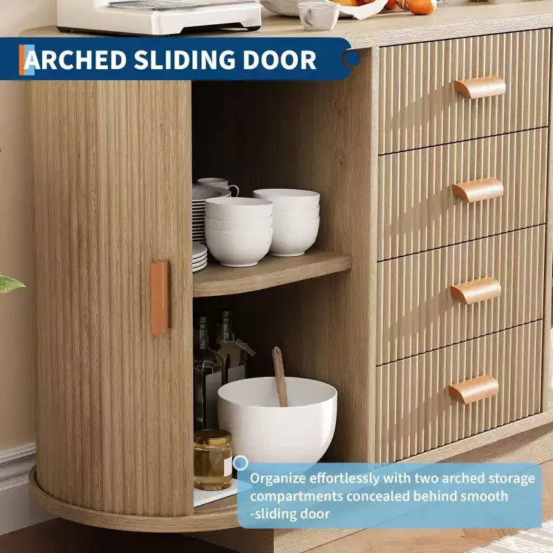 47 Mobile buffet credenza scanalata con 4 cassetti e 2 ante scorrevoli, mobile contenitore da bar per sala da pranzo - Rovere Naturale