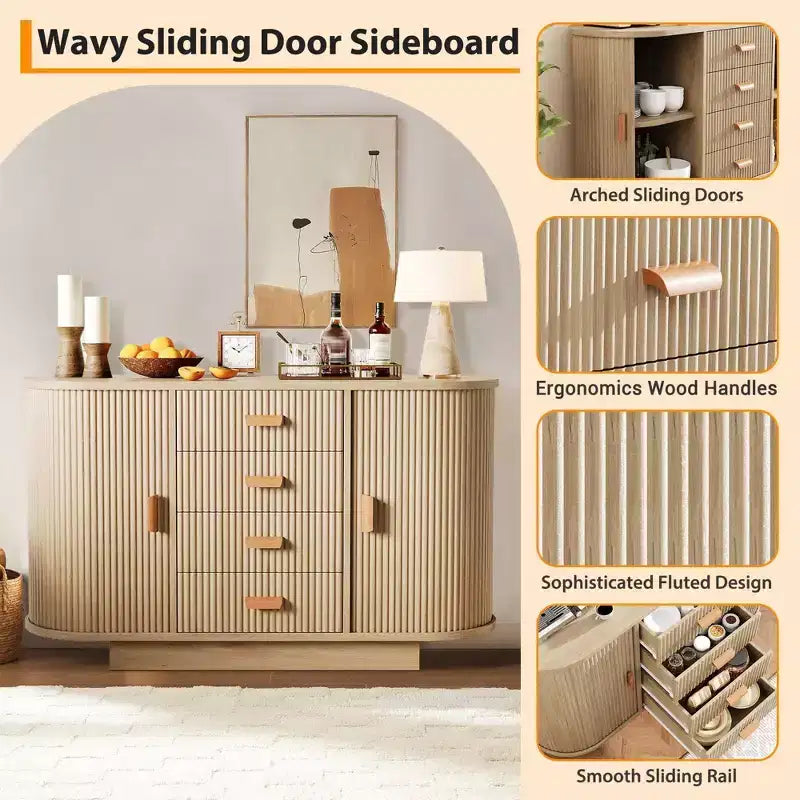 47 Mobile buffet credenza scanalata con 4 cassetti e 2 ante scorrevoli, mobile contenitore da bar per sala da pranzo - Rovere Naturale