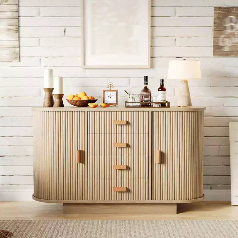 47 Mobile buffet credenza scanalata con 4 cassetti e 2 ante scorrevoli, mobile contenitore da bar per sala da pranzo - Rovere Naturale