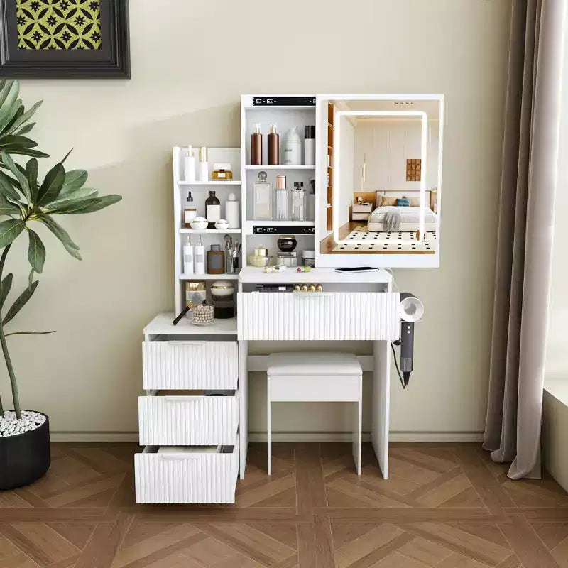 GDFStudio Wafa Scrivania Moderna con Specchio, Luce LED Regolabile e 1 Sgabello