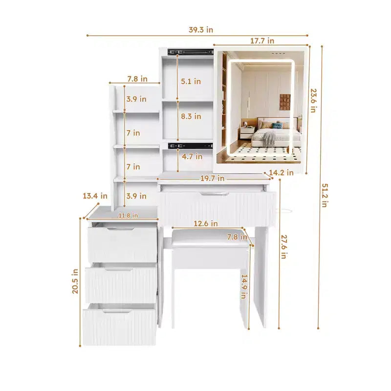 GDFStudio Wafa Scrivania Moderna con Specchio, Luce LED Regolabile e 1 Sgabello