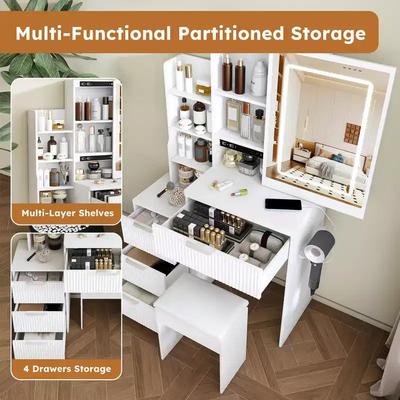 GDFStudio Wafa Scrivania Moderna con Specchio, Luce LED Regolabile e 1 Sgabello