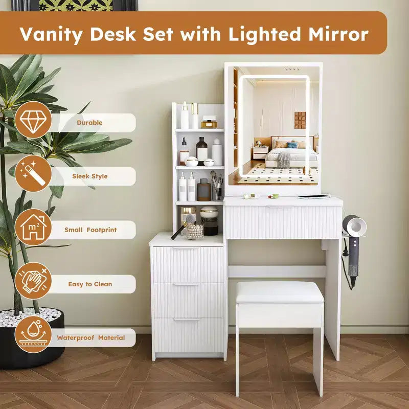 GDFStudio Wafa Scrivania Moderna con Specchio, Luce LED Regolabile e 1 Sgabello