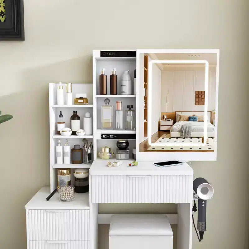GDFStudio Wafa Scrivania Moderna con Specchio, Luce LED Regolabile e 1 Sgabello