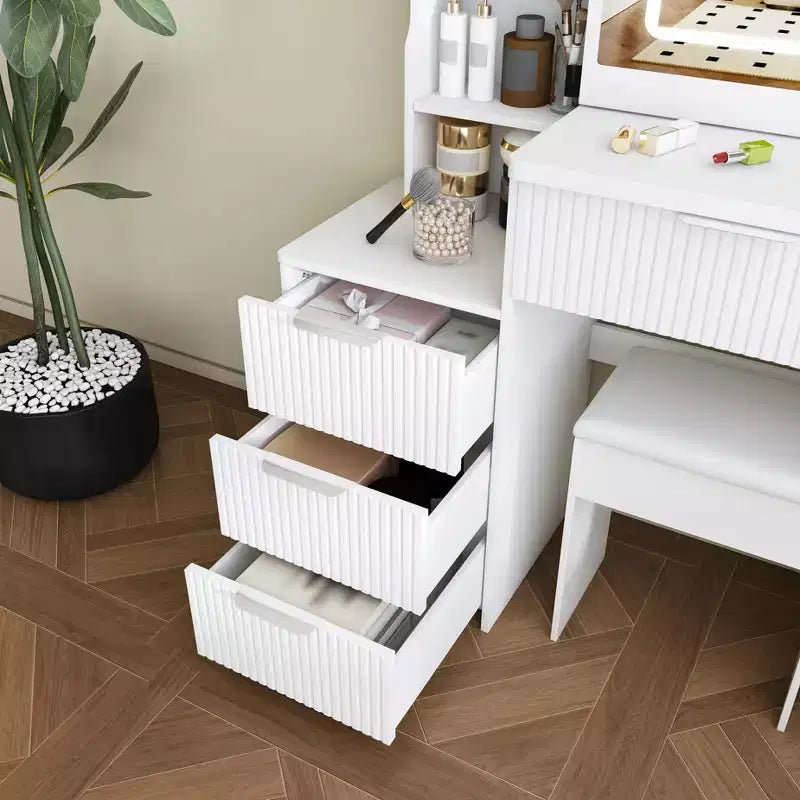 GDFStudio Wafa Scrivania Moderna con Specchio, Luce LED Regolabile e 1 Sgabello