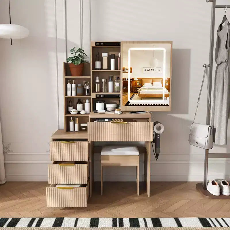 GDFStudio Wafa Scrivania Moderna con Specchio, Luce LED Regolabile e 1 Sgabello