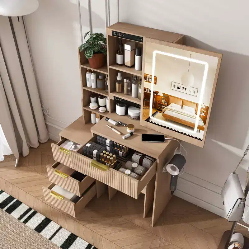 GDFStudio Wafa Scrivania Moderna con Specchio, Luce LED Regolabile e 1 Sgabello