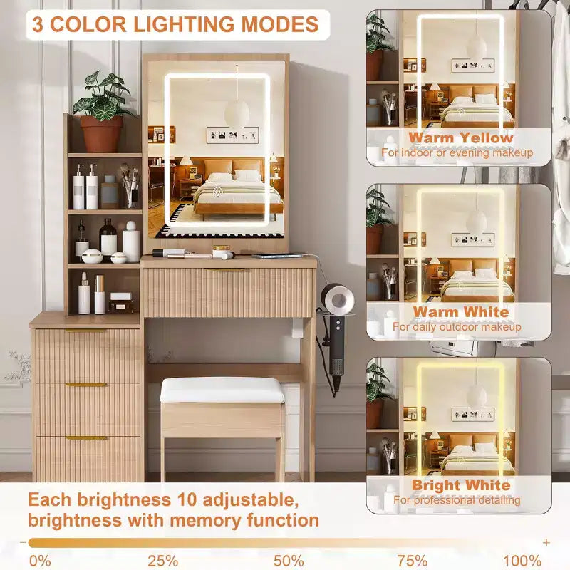 GDFStudio Wafa Scrivania Moderna con Specchio, Luce LED Regolabile e 1 Sgabello