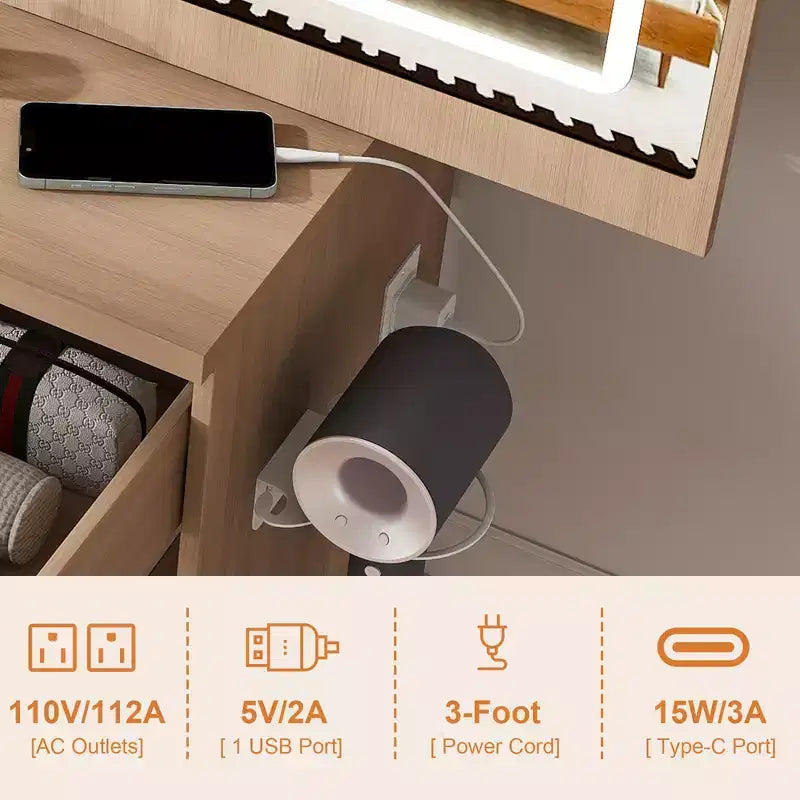 GDFStudio Wafa Scrivania Moderna con Specchio, Luce LED Regolabile e 1 Sgabello