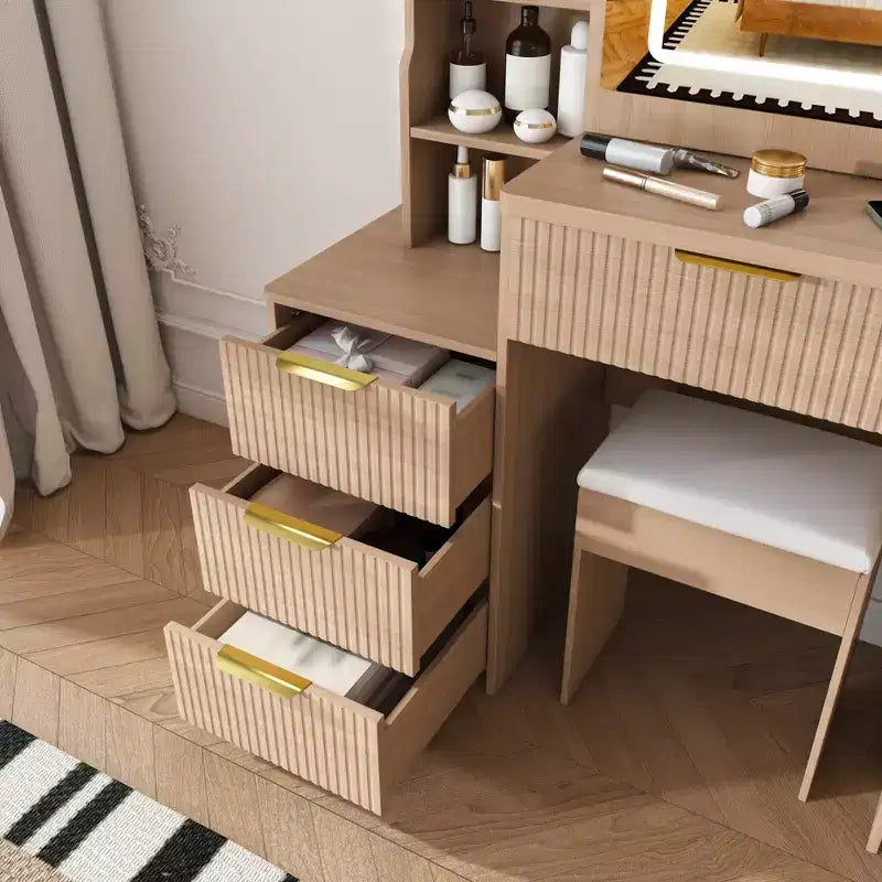 GDFStudio Wafa Scrivania Moderna con Specchio, Luce LED Regolabile e 1 Sgabello