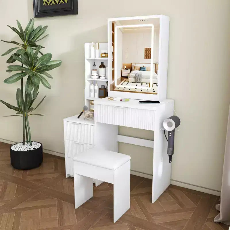GDFStudio Wafa Scrivania Moderna con Specchio, Luce LED Regolabile e 1 Sgabello