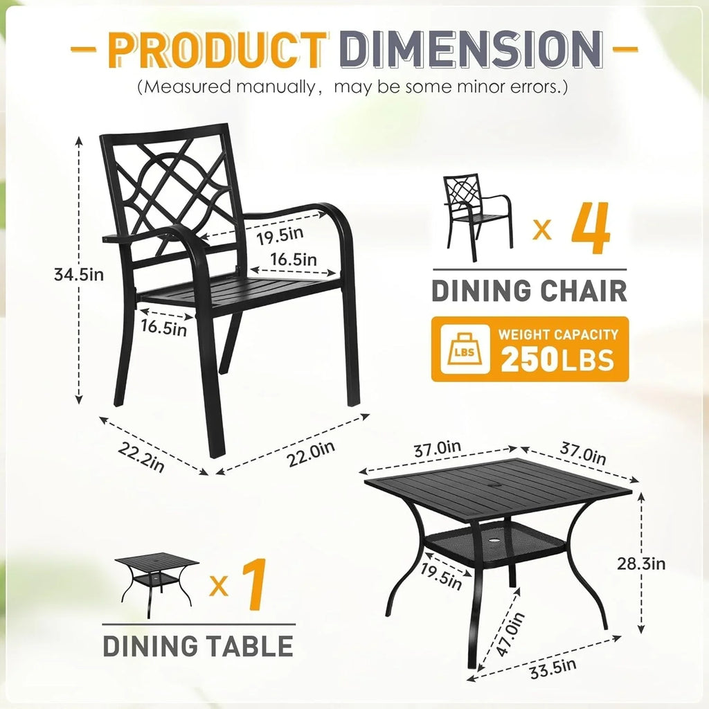 Juegos de comedor de acero de 5/7 piezas para patio exterior SUNCROWN, mesa de metal con listones y sillas apilables con estructura con recubrimiento en polvo
