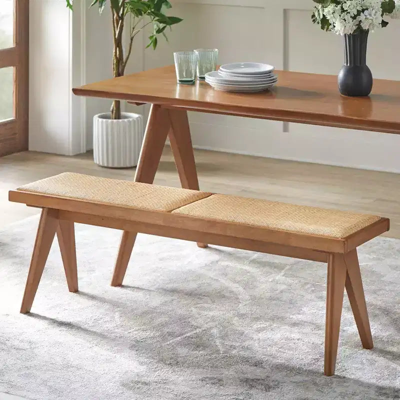 Panca da pranzo Valentina in legno massello di rattan moderno, noce chiaro