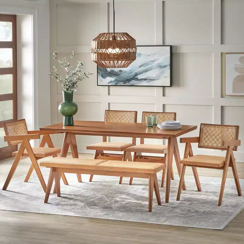 Panca da pranzo Valentina in legno massello di rattan moderno, noce chiaro