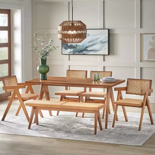 Juego de comedor moderno Valentina de 6 piezas con 1 mesa, 2 sillas, 2 sillones y 1 banco, nogal claro