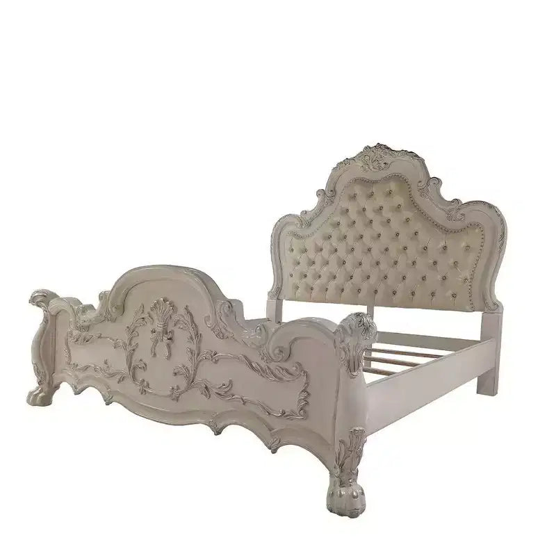 Letto matrimoniale Queen size da 91 pollici, finitura in similpelle e bianco osso -