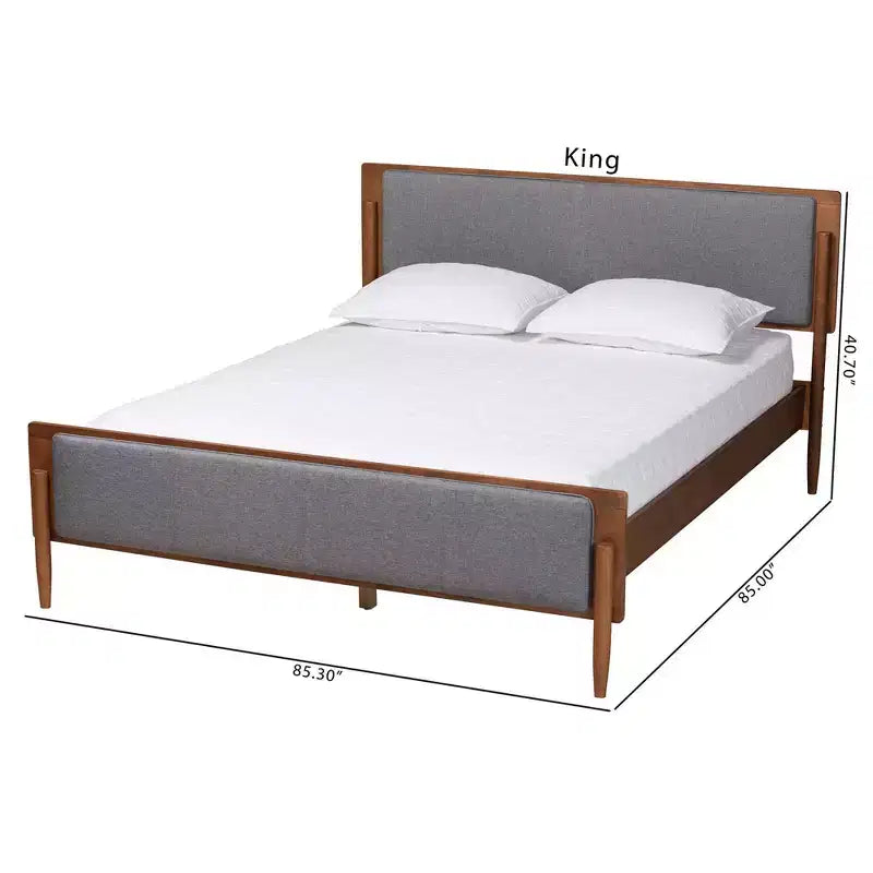 Letto a piattaforma King Powers in tessuto e legno: design di metà secolo, imbottito in schiuma, non richiede rete a molle