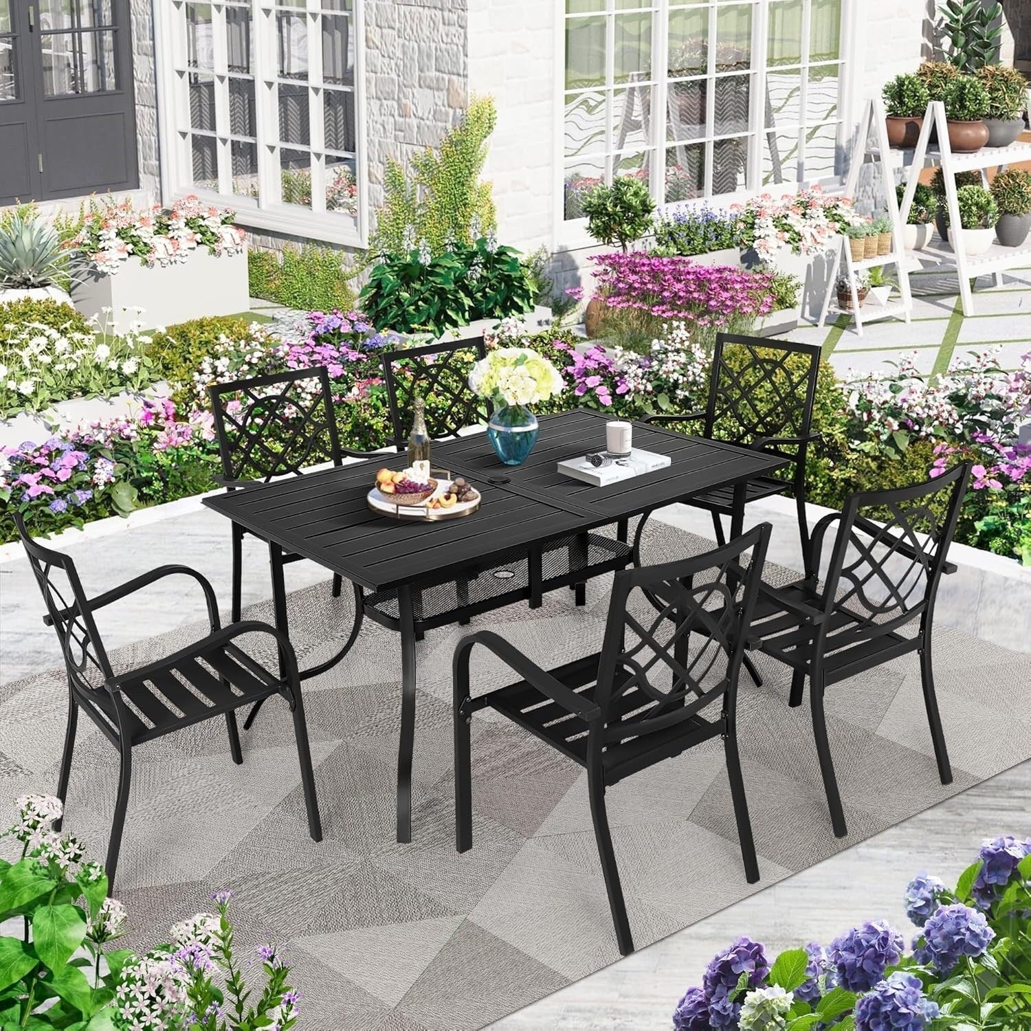 Juegos de comedor de acero de 5/7 piezas para patio exterior SUNCROWN, mesa de metal con listones y sillas apilables con estructura con recubrimiento en polvo