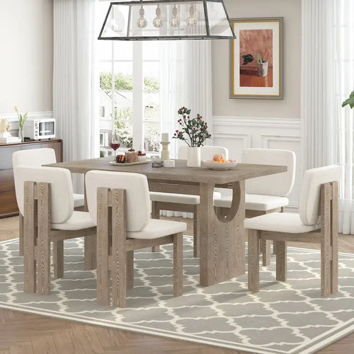 Juego de comedor de 7 piezas, juego de mesa de cocina de madera maciza con mesa rectangular, base de caballete diseñada y 6 sillas tapizadas