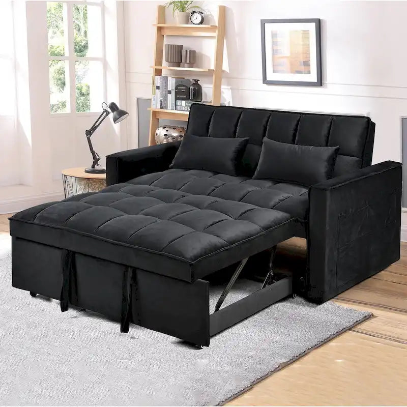 Sofá Biplaza Futón Moderno de Terciopelo con Respaldo Reclinable y Bolsillos, Capacidad para 2 Personas - Gris Oscuro / Gris Claro / Azul / Negro