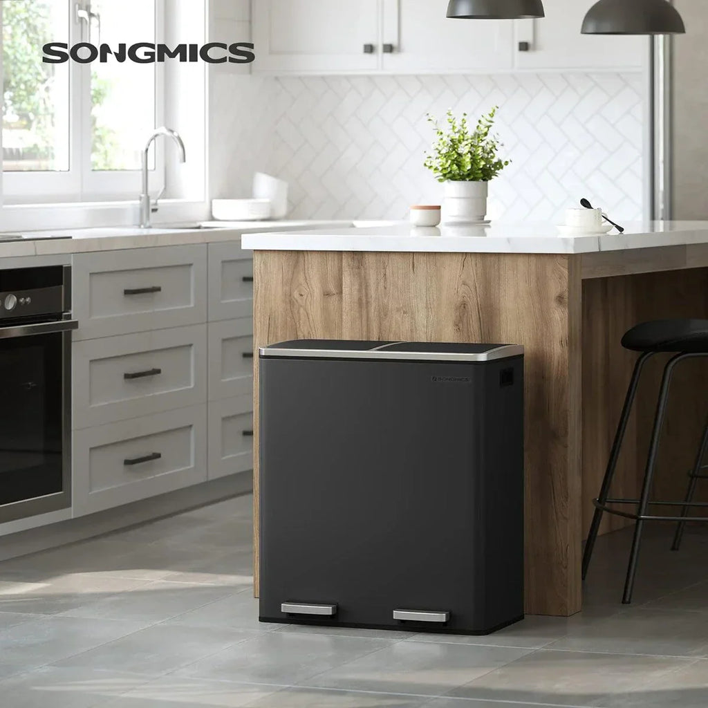 SONGMICS Bote de Basura Doble, 60L de Acero Inoxidable, Negro