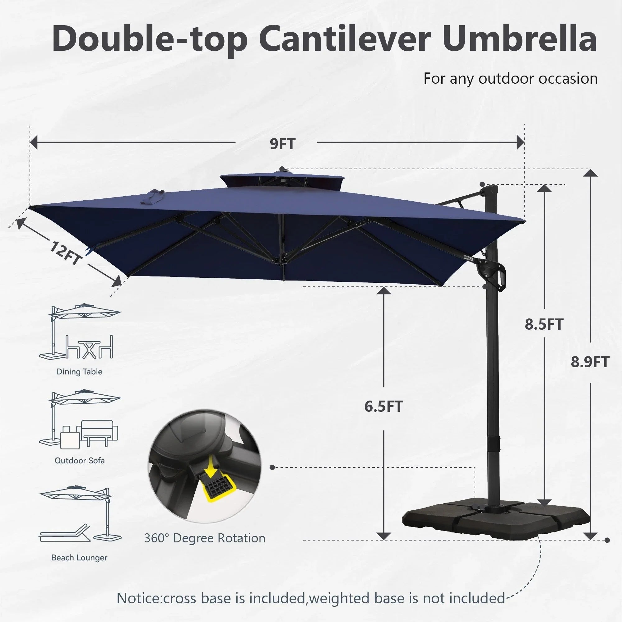 MAISON ARTS Sombrilla Cantilever Hidráulica Automática de 3.65 m, Poste de Aluminio con Rotación de 360 Grados