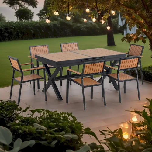 Juego de comedor extensible de 7 piezas para exteriores con mesa extensible y 6 sillas con reposabrazos