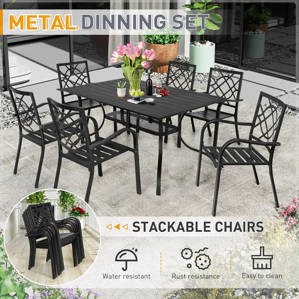 Juegos de comedor de acero de 5/7 piezas para patio exterior SUNCROWN, mesa de metal con listones y sillas apilables con estructura con recubrimiento en polvo