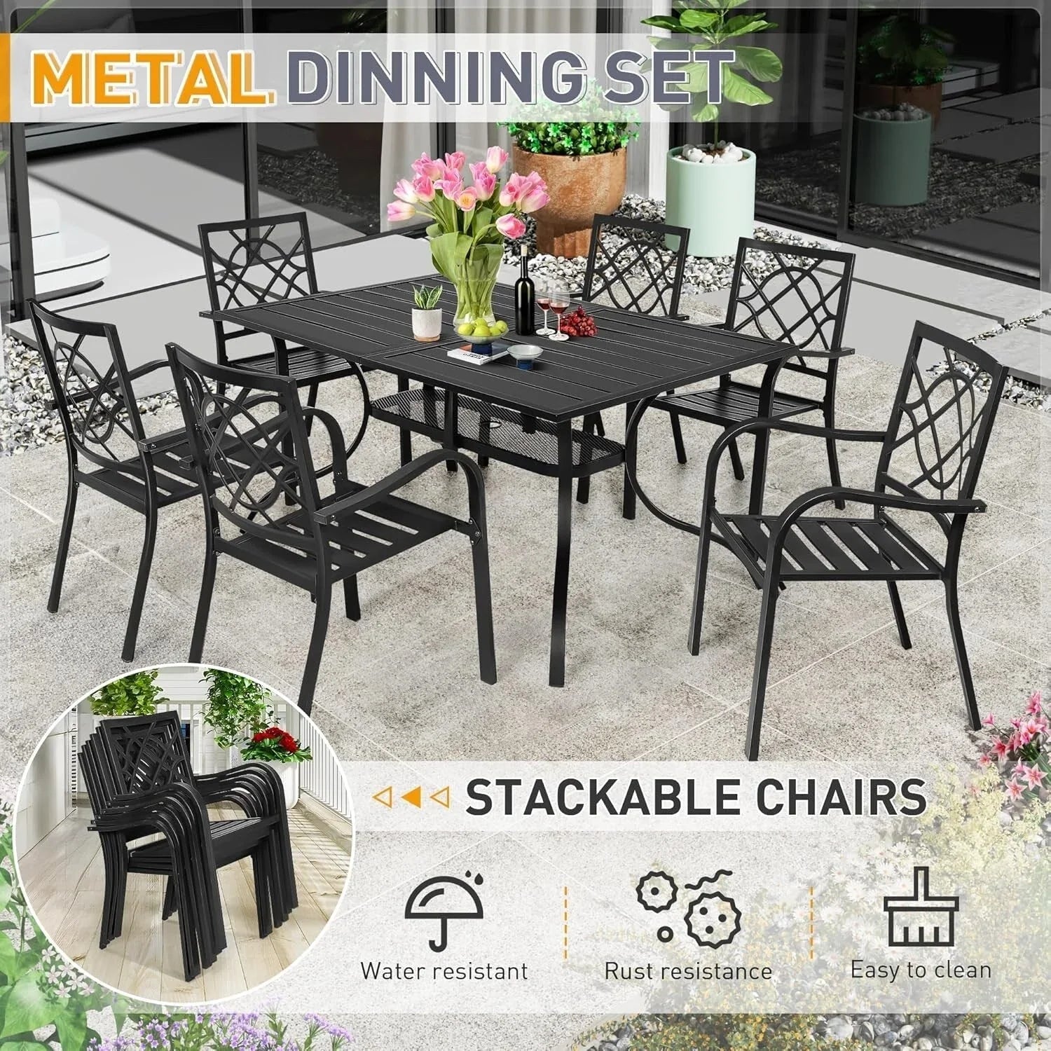 Juegos de comedor de acero de 5/7 piezas para patio exterior SUNCROWN, mesa de metal con listones y sillas apilables con estructura con recubrimiento en polvo