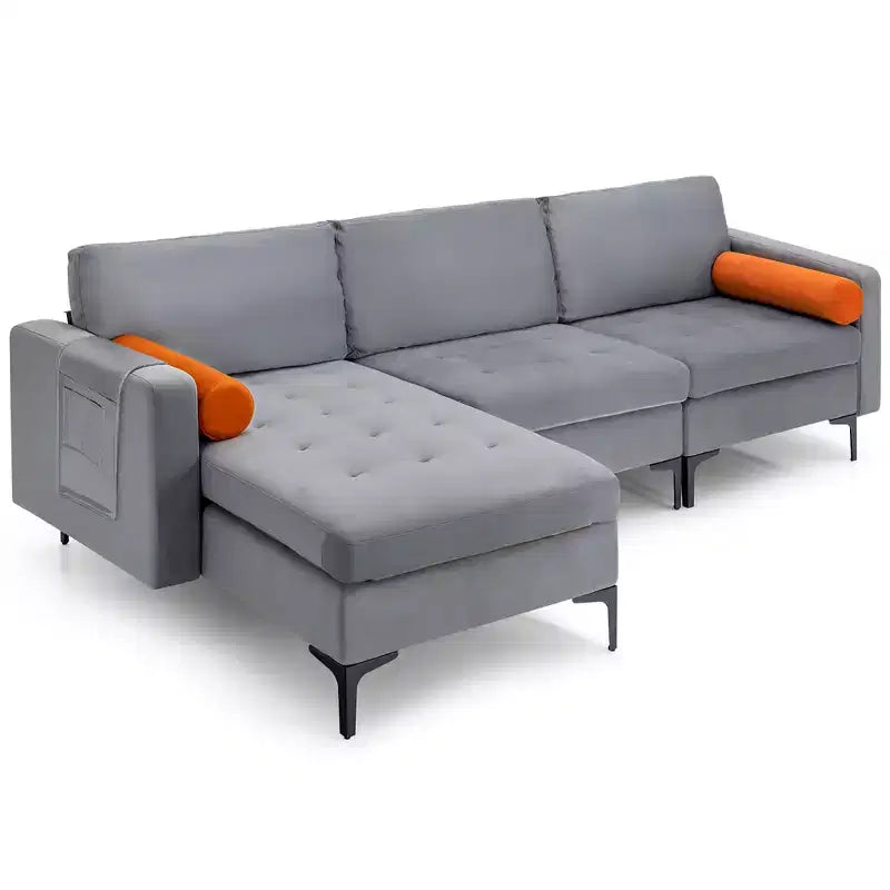 Divano sezionale modulare a L Costway con chaise longue reversibile e 2 porte USB grigio cenere