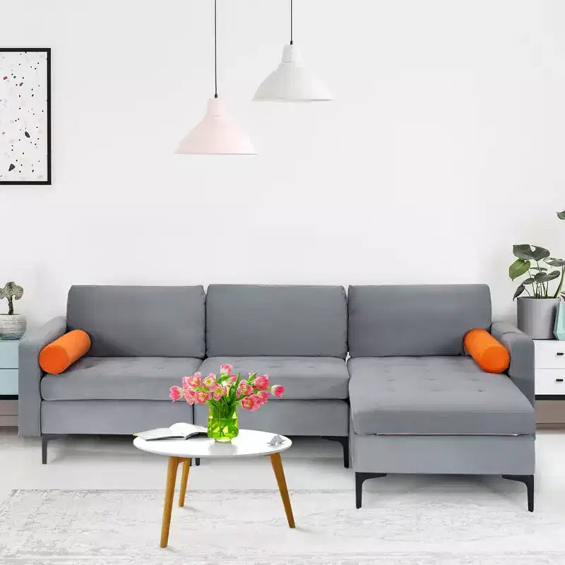 Divano sezionale modulare a L Costway con chaise longue reversibile e 2 porte USB grigio cenere