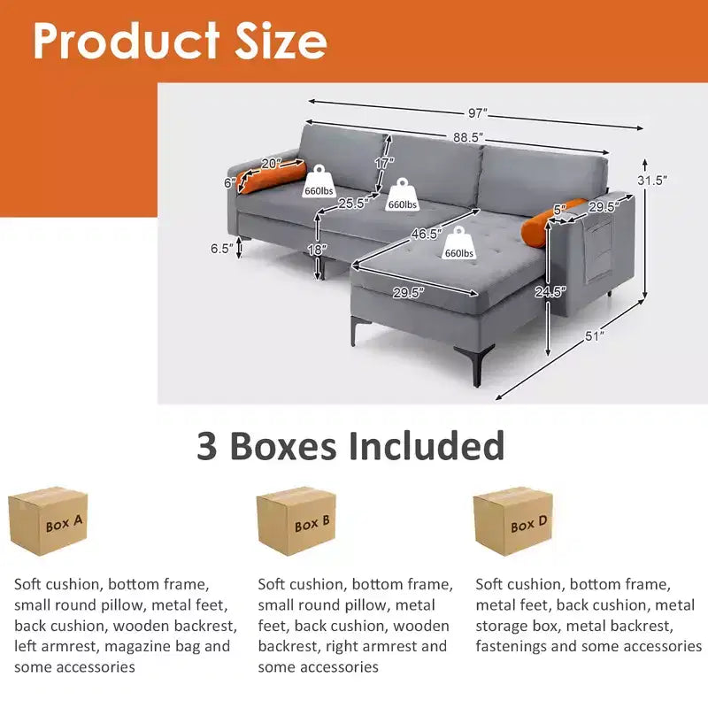 Divano sezionale modulare a L Costway con chaise longue reversibile e 2 porte USB grigio cenere