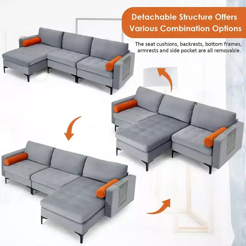 Divano sezionale modulare a L Costway con chaise longue reversibile e 2 porte USB grigio cenere