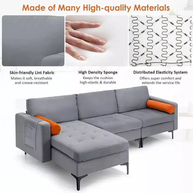 Divano sezionale modulare a L Costway con chaise longue reversibile e 2 porte USB grigio cenere